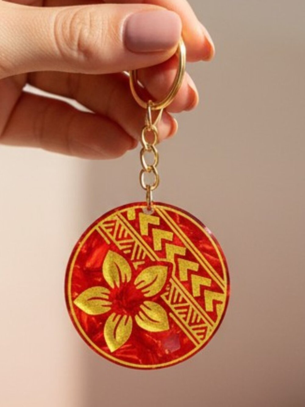 Red Faux Tortoiseshell Round Keychain — Gold Plumeria Flower + Polynesian Tribal